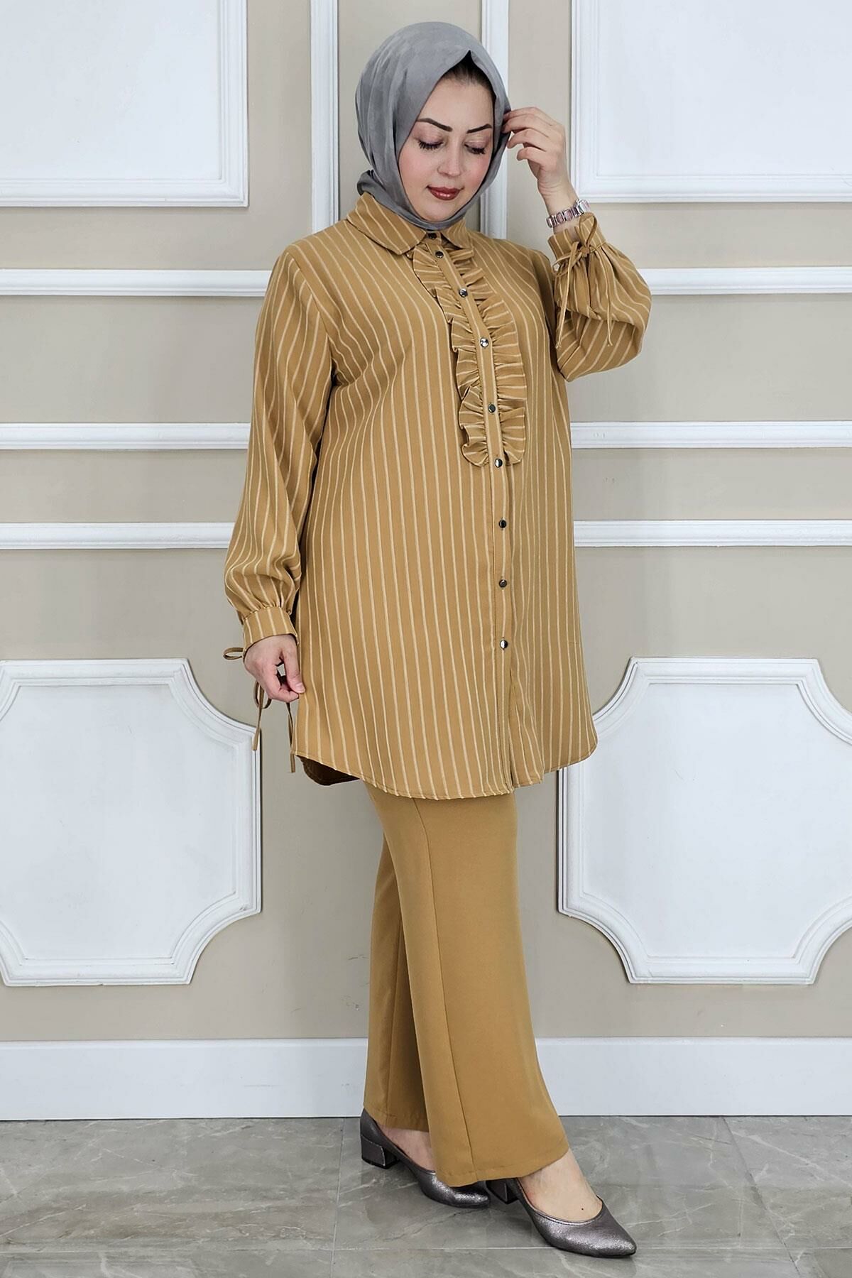 PYS KADIN ÇİGİLİ FIRFIRLI GÖMLEK PANTOLON TESETTÜR TAKIM CAMEL - 5 BEDEN