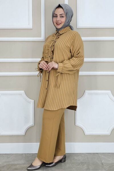 PYS KADIN ÇİGİLİ FIRFIRLI GÖMLEK PANTOLON TESETTÜR TAKIM CAMEL - 5 BEDEN