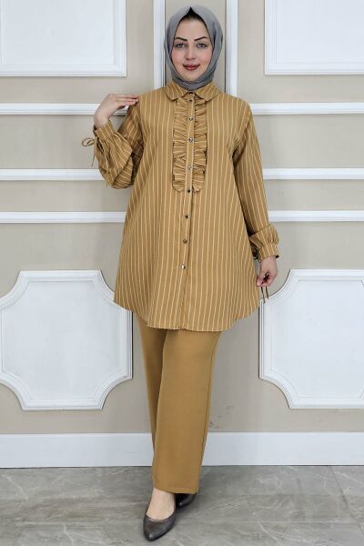 PYS KADIN ÇİGİLİ FIRFIRLI GÖMLEK PANTOLON TESETTÜR TAKIM CAMEL - 5 BEDEN