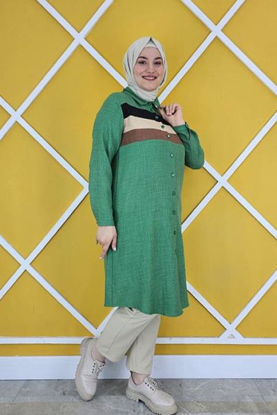 KADIN PATCH RENK GEÇİŞLİ TESETTÜR GÖMLEK YEŞİL - 5 BEDEN