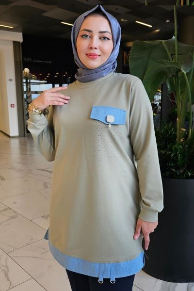 KADIN BROŞ VE KOMBİN DETAYLI TESETTÜR TUNİK YAĞ YEŞİLİ - XL