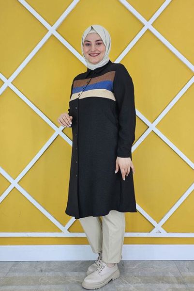 KADIN PATCH RENK GEÇİŞLİ TESETTÜR GÖMLEK SİYAH - 2 BEDEN