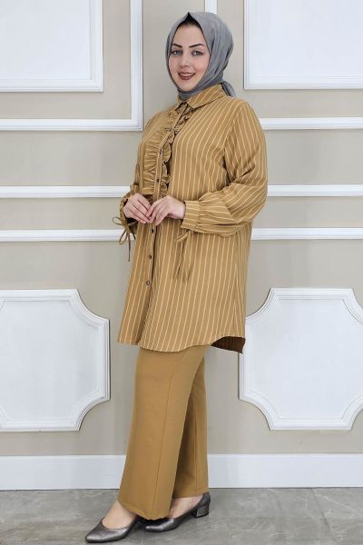 PYS KADIN ÇİGİLİ FIRFIRLI GÖMLEK PANTOLON TESETTÜR TAKIM CAMEL - 2 BEDEN