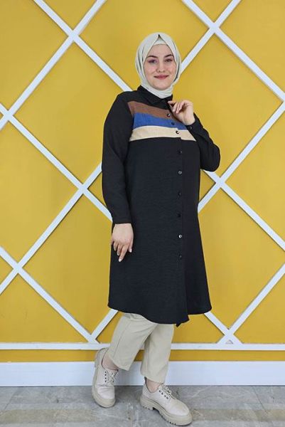PYS KADIN PATCH RENK GEÇİŞLİ TESETTÜR GÖMLEK SİYAH - 3 BEDEN