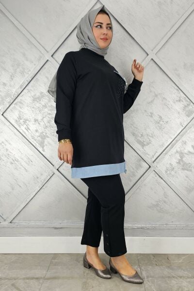 KADIN BROŞ VE KOMBİN DETAYLI TESETTÜR TUNİK SİYAH - 3XL