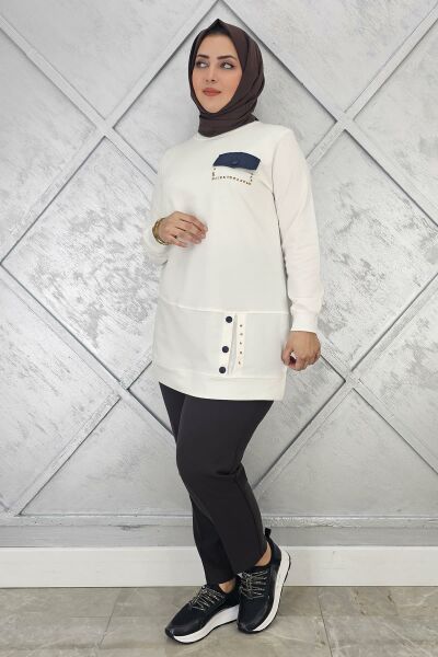 KADIN DÜĞME VE CEP GÖRÜNÜM DETAYLI TESETTÜR TUNİK EKRU - L