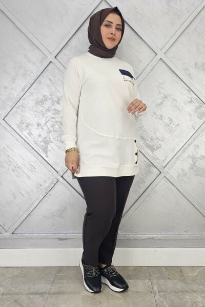 KADIN DÜĞME VE CEP GÖRÜNÜM DETAYLI TESETTÜR TUNİK EKRU - L