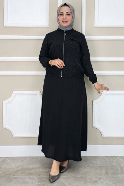 KADIN TAŞ DETAYLI SİMLİ TESETTÜR TAKIM SİYAH - 3 BEDEN