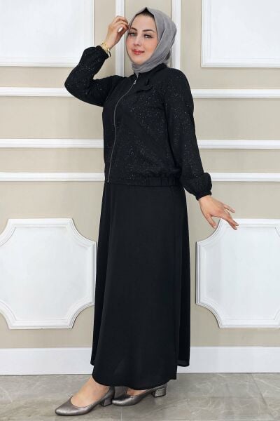 KADIN TAŞ DETAYLI SİMLİ TESETTÜR TAKIM SİYAH - 4 BEDEN