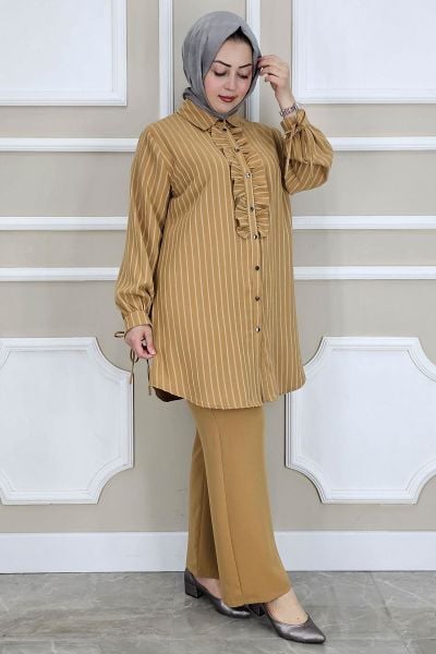 KADIN ÇİGİLİ FIRFIRLI GÖMLEK PANTOLON TESETTÜR TAKIM CAMEL - 4 BEDEN