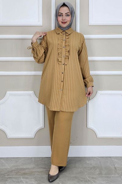 KADIN ÇİGİLİ FIRFIRLI GÖMLEK PANTOLON TESETTÜR TAKIM CAMEL - 4 BEDEN