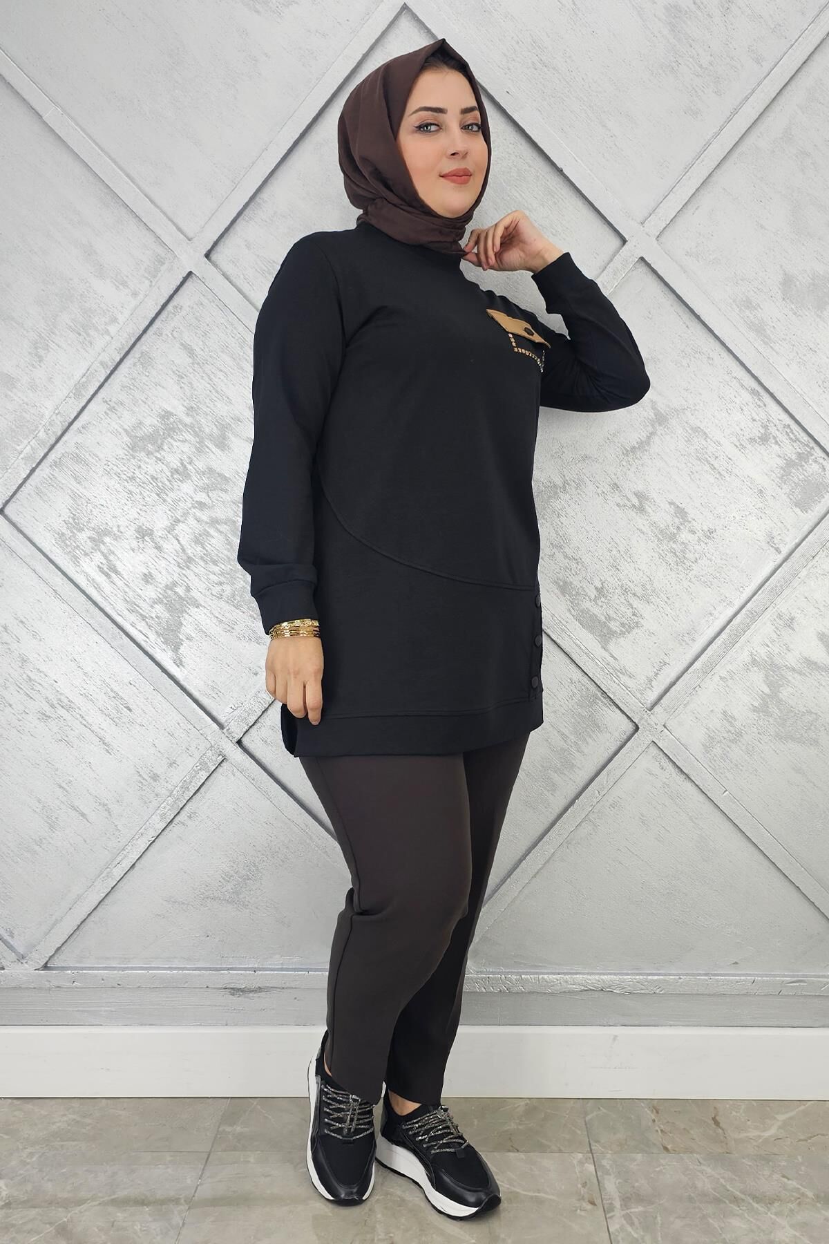 KADIN DÜĞME VE CEP GÖRÜNÜM DETAYLI TESETTÜR TUNİK SİYAH - XL