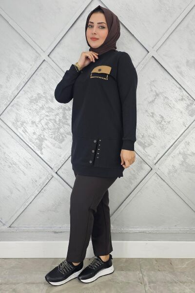 KADIN DÜĞME VE CEP GÖRÜNÜM DETAYLI TESETTÜR TUNİK SİYAH - XL