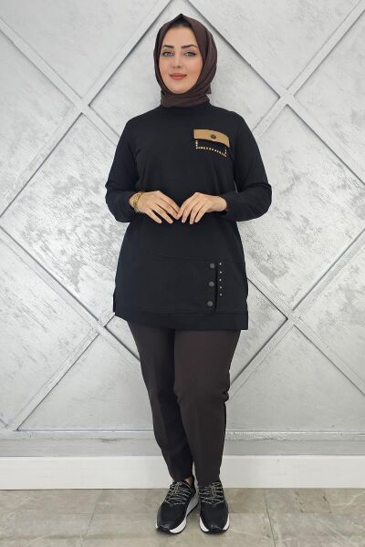 KADIN DÜĞME VE CEP GÖRÜNÜM DETAYLI TESETTÜR TUNİK SİYAH - XL