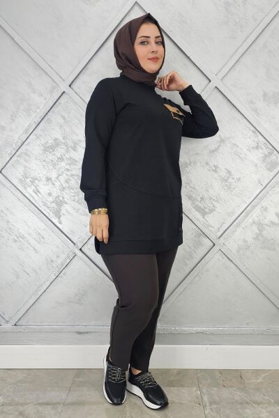 KADIN DÜĞME VE CEP GÖRÜNÜM DETAYLI TESETTÜR TUNİK SİYAH - L