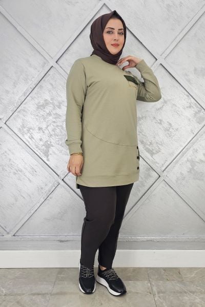KADIN DÜĞME VE CEP GÖRÜNÜM DETAYLI TESETTÜR TUNİK MİNT YEŞİLİ - XL