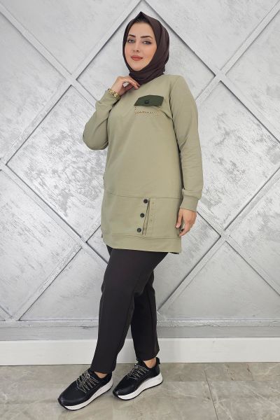 KADIN DÜĞME VE CEP GÖRÜNÜM DETAYLI TESETTÜR TUNİK MİNT YEŞİLİ - XL