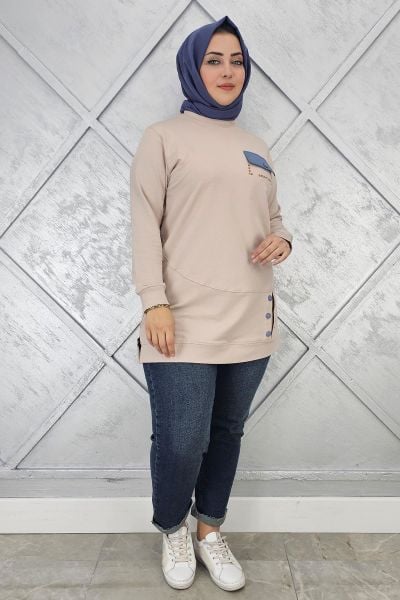 KADIN DÜĞME VE CEP GÖRÜNÜM DETAYLI TESETTÜR TUNİK BEJ - 2XL