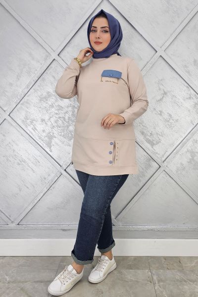 KADIN DÜĞME VE CEP GÖRÜNÜM DETAYLI TESETTÜR TUNİK BEJ - 2XL