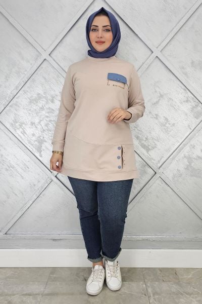 KADIN DÜĞME VE CEP GÖRÜNÜM DETAYLI TESETTÜR TUNİK BEJ - 2XL