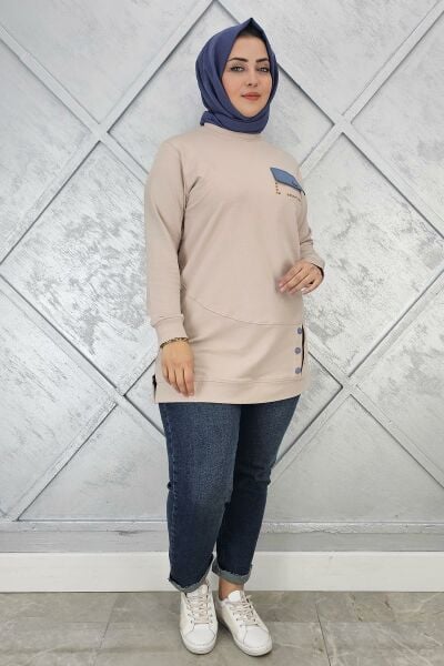 KADIN DÜĞME VE CEP GÖRÜNÜM DETAYLI TESETTÜR TUNİK BEJ - XL