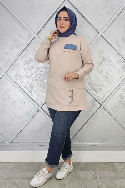 KADIN DÜĞME VE CEP GÖRÜNÜM DETAYLI TESETTÜR TUNİK BEJ - XL