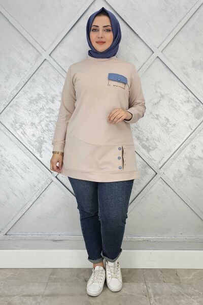 KADIN DÜĞME VE CEP GÖRÜNÜM DETAYLI TESETTÜR TUNİK BEJ - XL