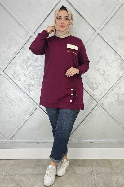KADIN DÜĞME VE CEP GÖRÜNÜM DETAYLI TESETTÜR TUNİK BORDO - 2XL
