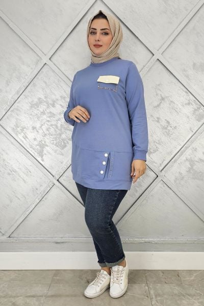 KADIN DÜĞME VE CEP GÖRÜNÜM DETAYLI TESETTÜR TUNİK MAVİ - XL