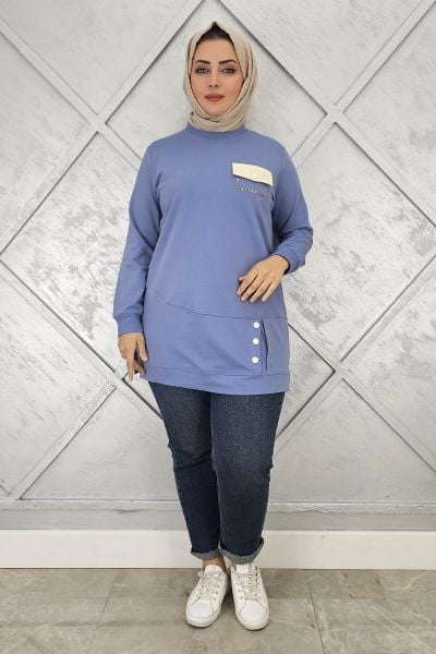 KADIN DÜĞME VE CEP GÖRÜNÜM DETAYLI TESETTÜR TUNİK MAVİ - XL