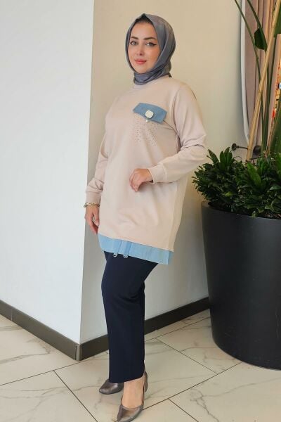 KADIN BROŞ VE KOMBİN DETAYLI TESETTÜR TUNİK BEJ - L