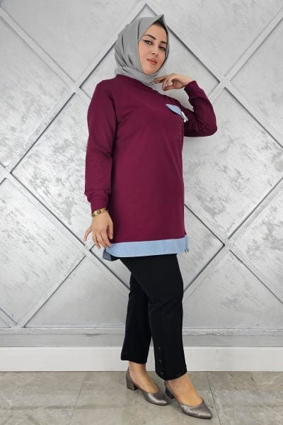 KADIN BROŞ VE KOMBİN DETAYLI TESETTÜR TUNİK BORDO - 2XL