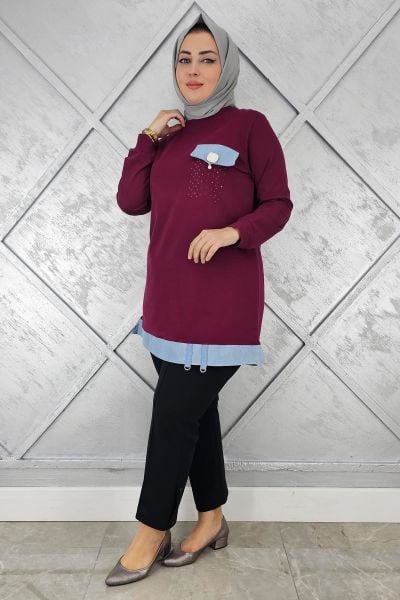 KADIN BROŞ VE KOMBİN DETAYLI TESETTÜR TUNİK BORDO - 2XL