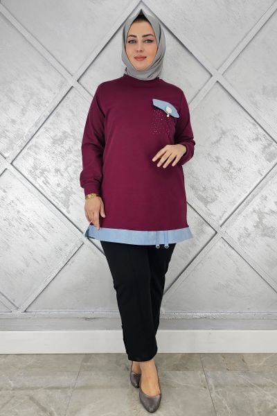 KADIN BROŞ VE KOMBİN DETAYLI TESETTÜR TUNİK BORDO - 2XL