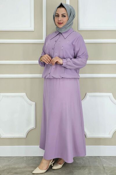 PYS KADIN TAŞ DETAYLI GÖMLEK ETEK TESETTÜR TAKIM LİLA - 5 BEDEN