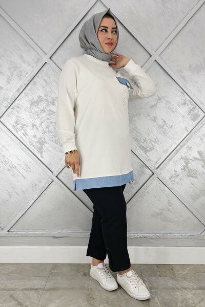 KADIN BROŞ VE KOMBİN DETAYLI TESETTÜR TUNİK EKRU - L
