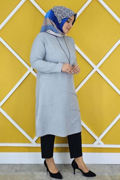 KADIN NERVÜR DİKİM DETAYLI KOLYELİ TESETTÜR TUNİK GRİ - 2 BEDEN