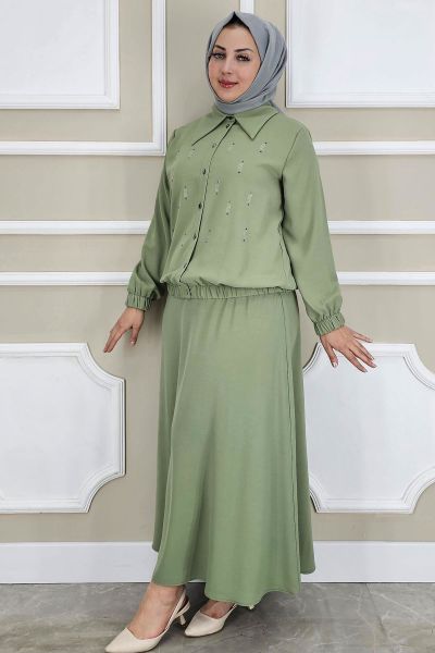 PYS KADIN TAŞ DETAYLI GÖMLEK ETEK TESETTÜR TAKIM YEŞİL - 5 BEDEN