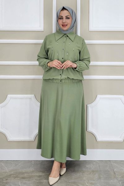 PYS KADIN TAŞ DETAYLI GÖMLEK ETEK TESETTÜR TAKIM YEŞİL - 5 BEDEN