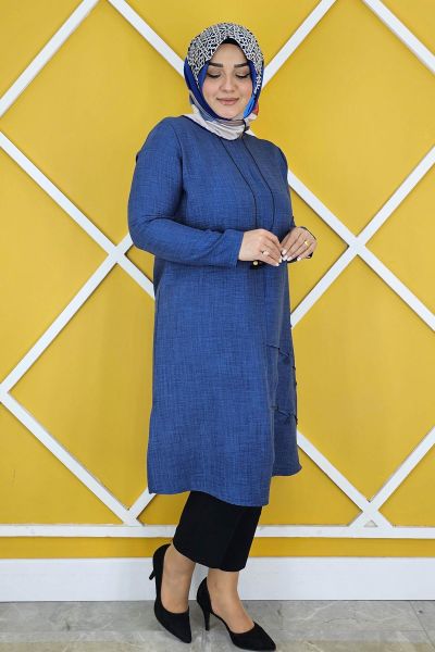 KADIN NERVÜR DİKİM DETAYLI KOLYELİ TESETTÜR TUNİK İNDİGO - 2 BEDEN