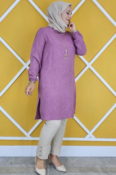 KADIN OMUZ TAŞ DETAYLI KOLYELİ TESETTÜR TUNİK GÜL KURUSU - 3XL