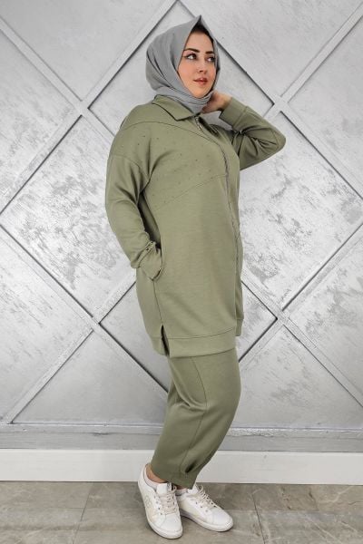 KADIN TAŞ DETAYLI TESETTÜR TAKIM HAKİ - 5 BEDEN