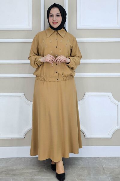 KADIN TAŞ DETAYLI GÖMLEK ETEK TESETTÜR TAKIM CAMEL - 5 BEDEN