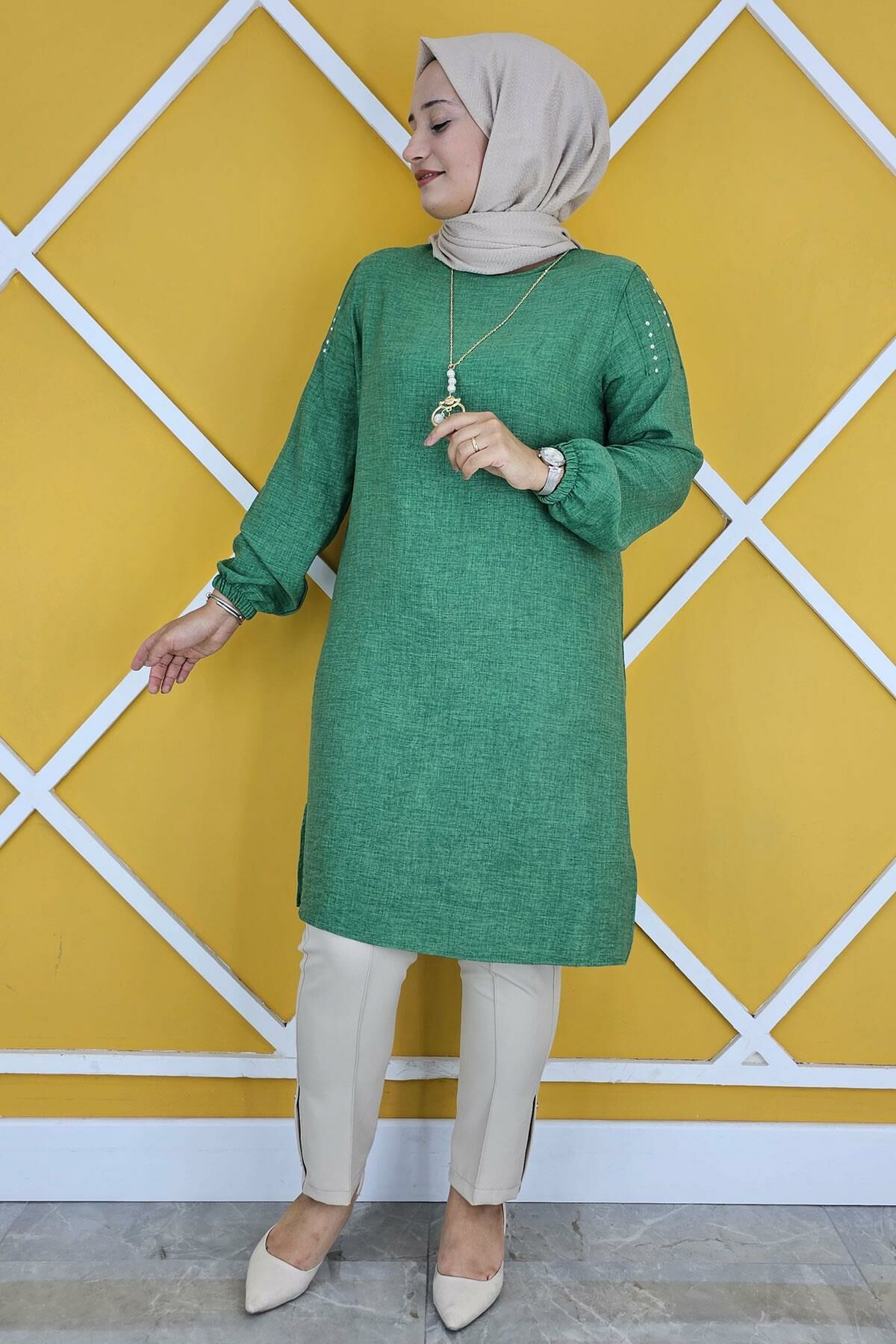 MYSTIL KADIN OMUZ TAŞ DETAYLI KOLYELİ TESETTÜR TUNİK BENETTON - 2XL
