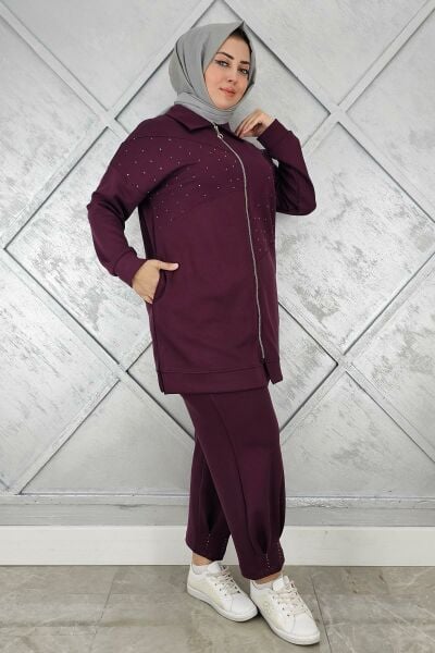 KADIN TAŞ DETAYLI TESETTÜR TAKIM BORDO - 4 BEDEN