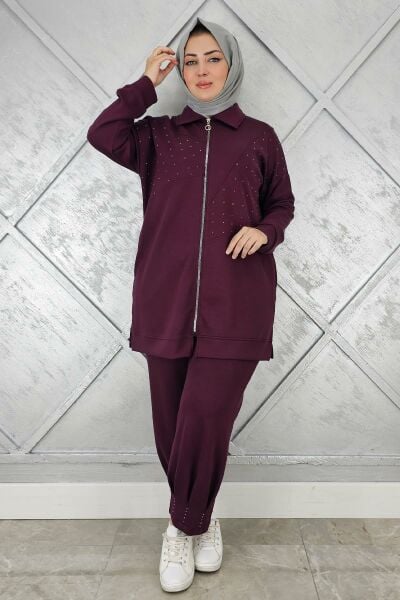 KADIN TAŞ DETAYLI TESETTÜR TAKIM BORDO - 4 BEDEN