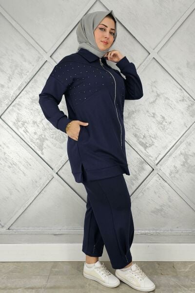 KADIN TAŞ DETAYLI TESETTÜR TAKIM LACİVERT - 5 BEDEN