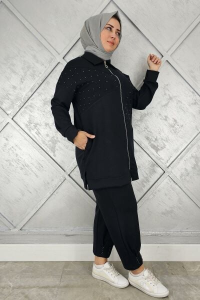 KADIN TAŞ DETAYLI TESETTÜR TAKIM SİYAH - 5 BEDEN