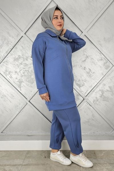 KADIN TAŞ DETAYLI TESETTÜR TAKIM İNDİGO - 3 BEDEN