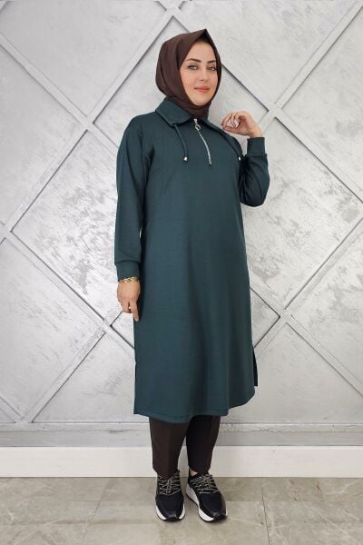 KADIN FERMUARLI BAĞCIKLI TESETTÜR TUNİK PETROL YEŞİLİ - 5 BEDEN